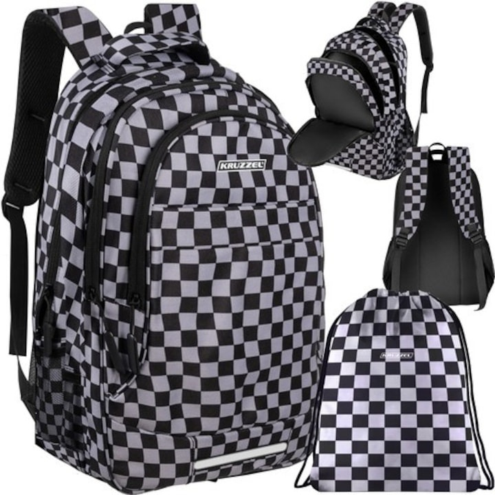 Ghiozdan rucsac cu model in carouri, 22l, negru, cu sac pentru incaltaminte [5]