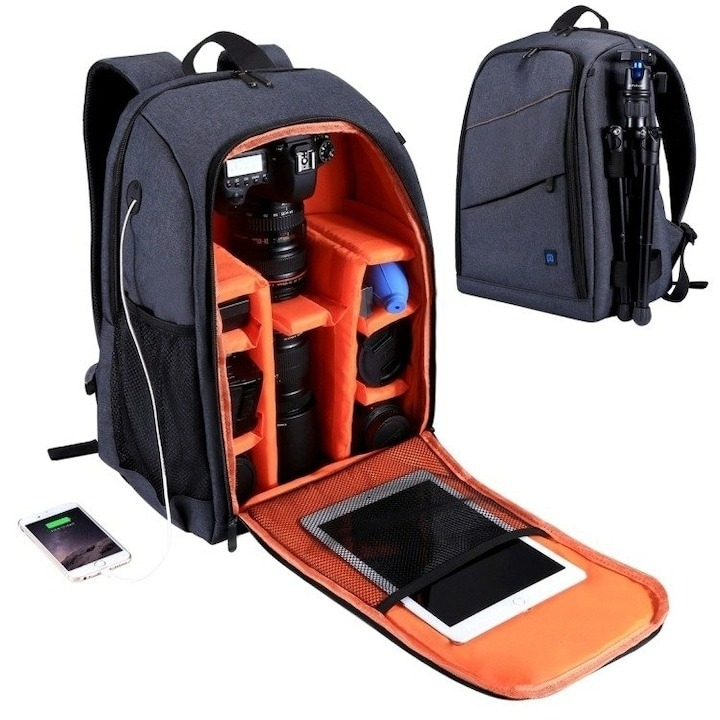 Rucsac pentru camera, echipament foto, impermeabil, 43 x 30 x 19.5 cm, gri/portocaliu [3]
