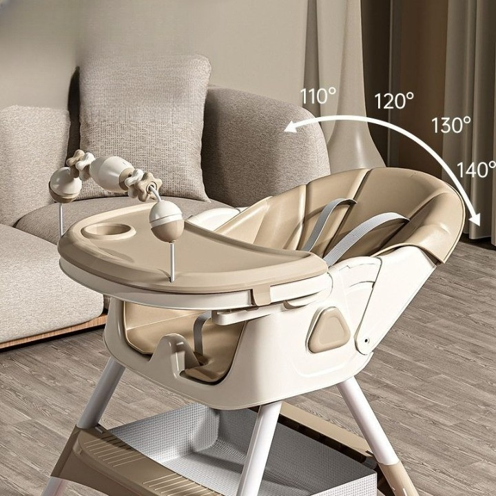 Scaun de masa pentru copii 5in1, roti detasabile, scaun reglabil, picioare reglabile, functie de balansoar, tavita depozitare - Bej [3]
