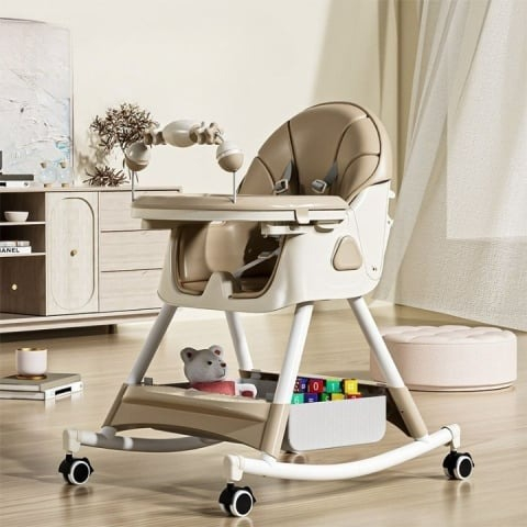 Scaun de masa pentru copii 5in1, roti detasabile, spatar ajustabil, picioare reglabile, functie de balansoar, cos depozitare - Albastru [4]