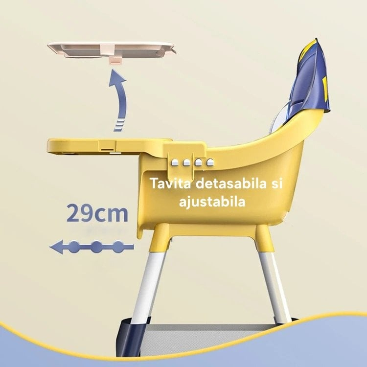 Scaun de masa pentru copii 5in1, roti detasabile, scaun reglabil, picioare reglabile, functie de balansoar, tavita depozitare - Bej [10]