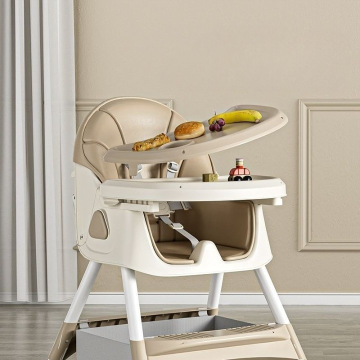 Scaun de masa pentru copii 5in1, roti detasabile, scaun reglabil, picioare reglabile, functie de balansoar, tavita depozitare - Bej [5]