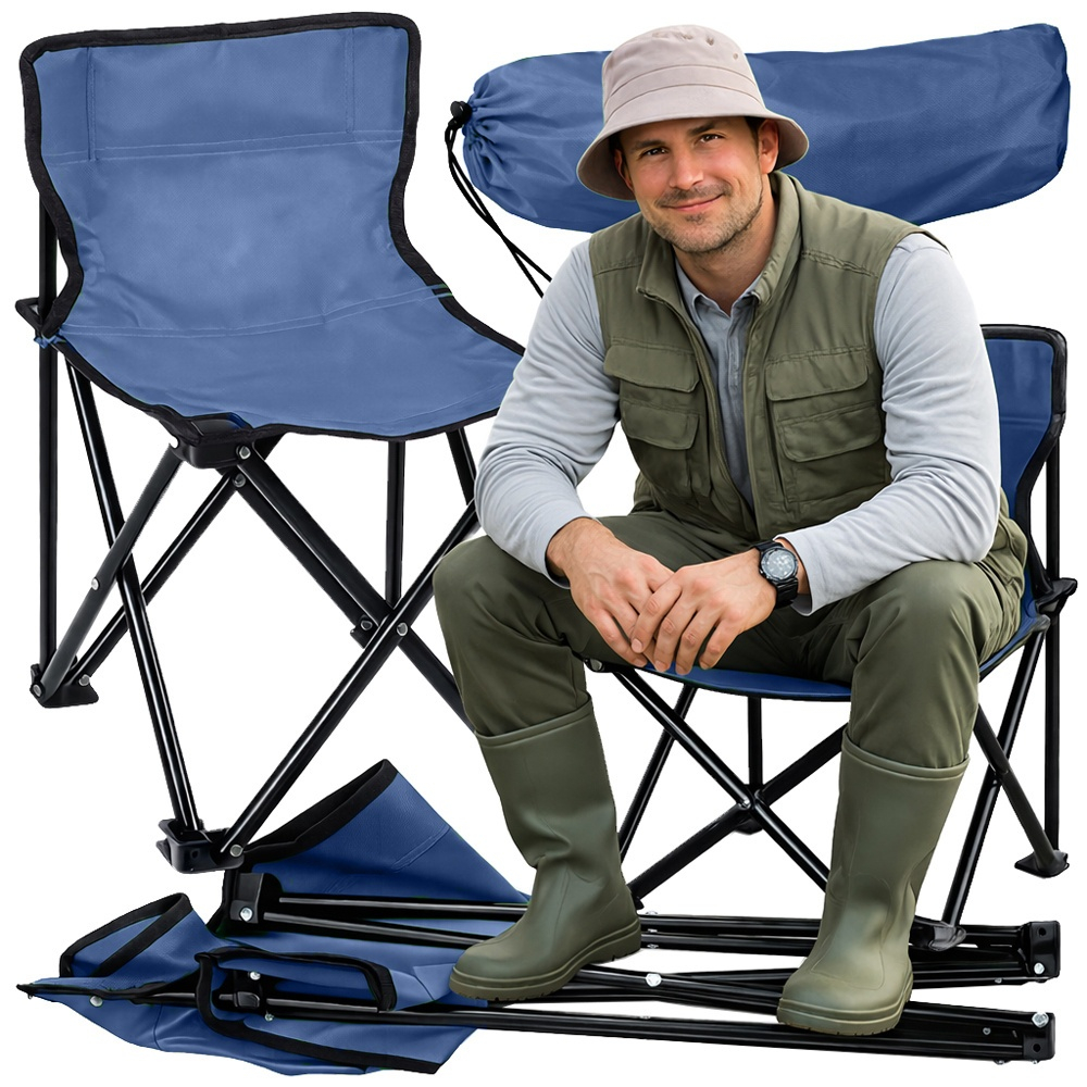 Scaun pliabil pentru pescuit si camping, cu husa transport, fotoliu pliabil confortabil, cadru metalic, albastru, 69x43x43 cm [2]