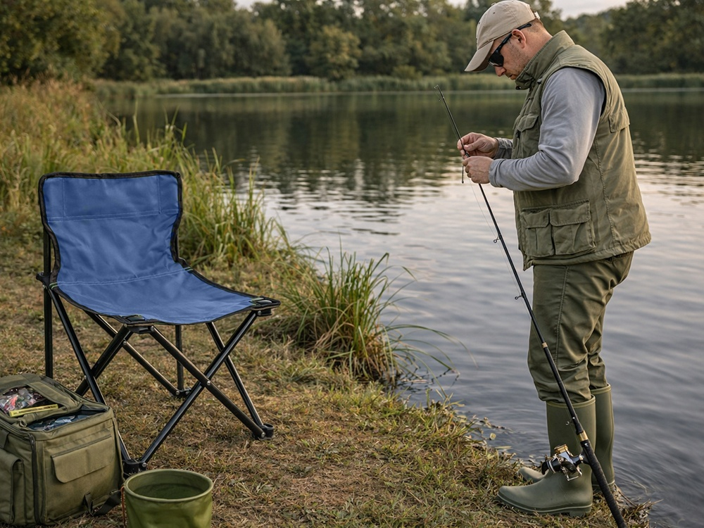 Scaun pliabil pentru pescuit si camping, cu husa transport, fotoliu pliabil confortabil, cadru metalic, albastru, 69x43x43 cm [3]