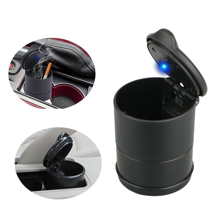 Scrumiera auto universala cu LED, 7 x 9 cm, neagra – design elegant, iluminare automata si functionalitate moderna pentru orice masina [9]