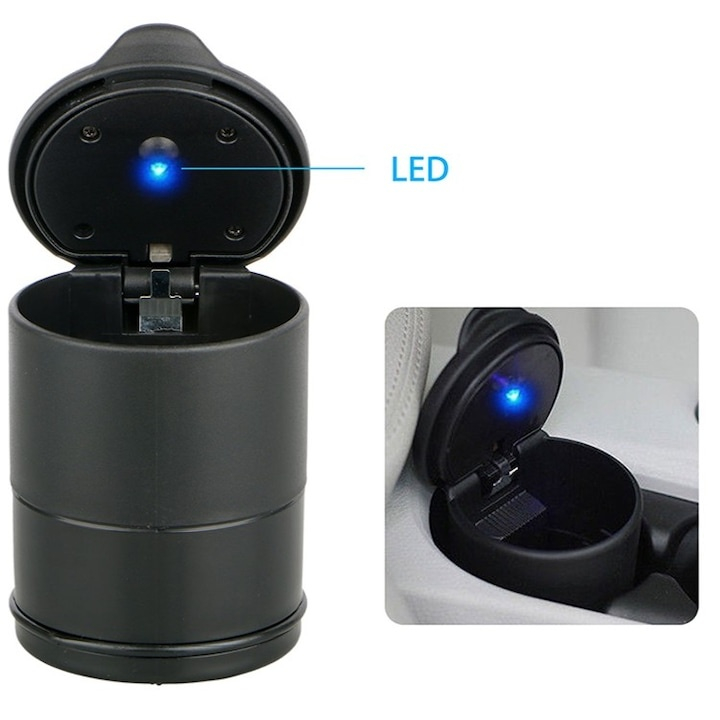 Scrumiera auto universala cu LED, 7 x 9 cm, neagra – design elegant, iluminare automata si functionalitate moderna pentru orice masina [10]