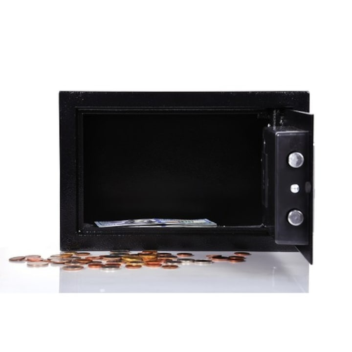 Seif metalic antiefractie cu inchidere digitala si cheie de siguranta, capacitate 10L, otel rezistent, montaj pe perete, negru elegant [4]