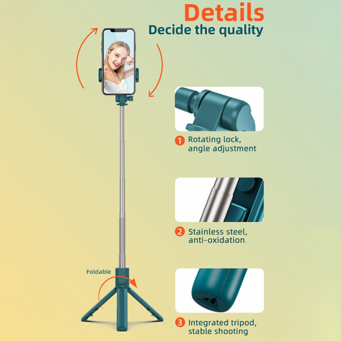 Selfie stick 3 in 1, brat extensibil, trepied, telecomanda bluetooth, rotire 360 grade - Alb [2]