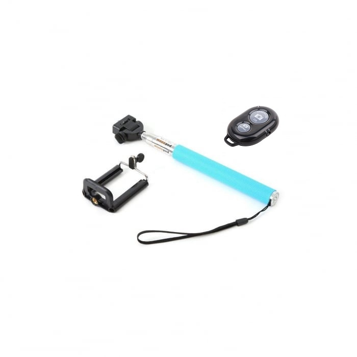 Selfie stick cu brat telescopic, filet universal 1 4, suport telefon si telecomanda Bluetooth - Albastru