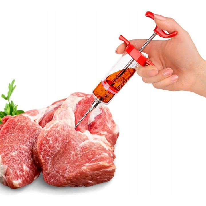 Seringa pentru carne, pentru sosuri si marinade, capacitate 50 ml, cu 3 ace incluse, recipient gradat, ideala pentru fripturi suculente si aromate, 23 cm, rosu [3]