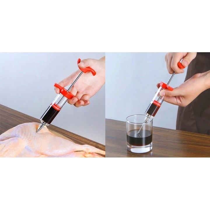 Seringa pentru carne, pentru sosuri si marinade, capacitate 50 ml, cu 3 ace incluse, recipient gradat, ideala pentru fripturi suculente si aromate, 23 cm, rosu [9]