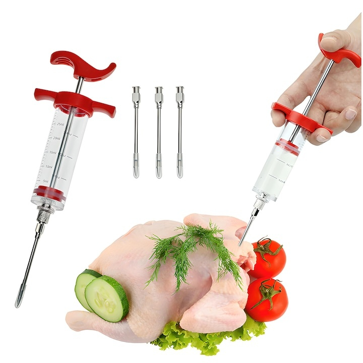 Seringa pentru maturare si marinare carne, 30 ml, cu 3 ace din inox pentru marinate lichide si groase, injectare uniforma, ideala pentru fripturi, mezeluri si preparate de casa [3]