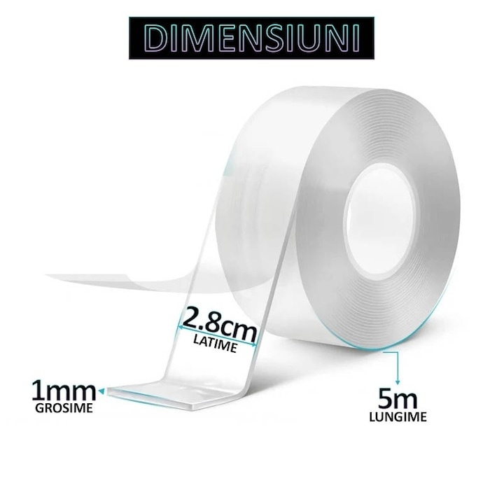 Set 10 benzi dublu adezive transparente, 5 metri pe rola, siliconice, rezistente la apa, reutilizabile, adeziv puternic, aplicabile pe diverse suprafete [2]
