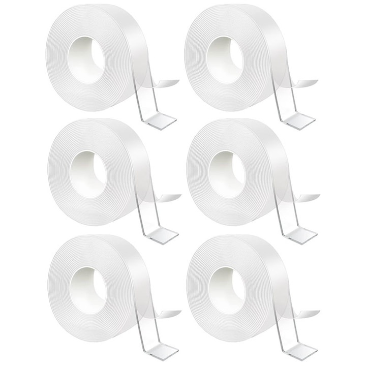 Set 10 benzi dublu adezive transparente, 5 metri pe rola, siliconice, rezistente la apa, reutilizabile, adeziv puternic, aplicabile pe diverse suprafete [10]