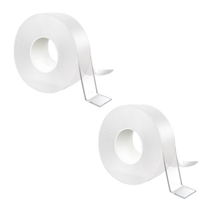 Set 10 benzi dublu adezive transparente, 5 metri pe rola, siliconice, rezistente la apa, reutilizabile, adeziv puternic, aplicabile pe diverse suprafete [8]