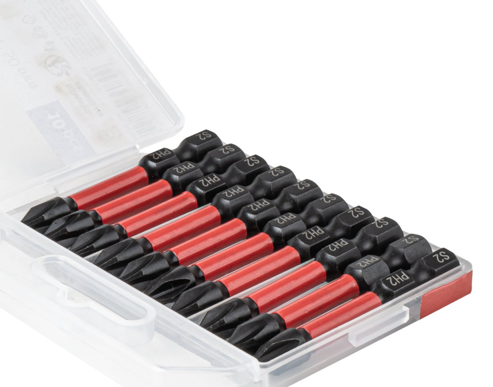 Set 10 biti PH2 rosu-negru 50 mm, torsiune, prindere HEX 1/4", otel pentru scule [4]