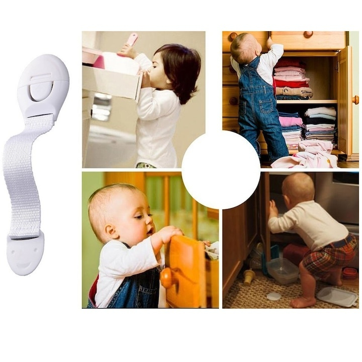 Set 10 blocatoare pentru siguranta copiilor, incuietori flexibile pentru mobilier si electrocasnice, 20 cm, alb, adeziv inclus [8]