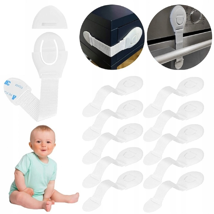 Set 10 blocatoare pentru siguranta copiilor, incuietori flexibile pentru mobilier si electrocasnice, 20 cm, alb, adeziv inclus [9]
