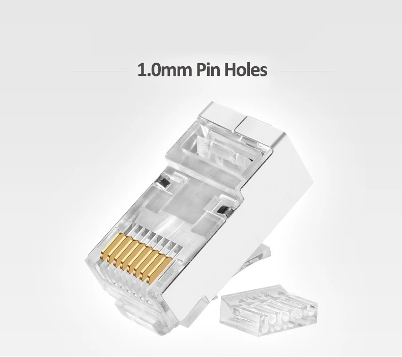 Set 10 bucati conectori retea RJ45 Cat6e ecranati EZ pass through cu pini placati cu aur si 10 bucati mansoane protectie RJ45 pentru cablu UTP sau FTP [4]