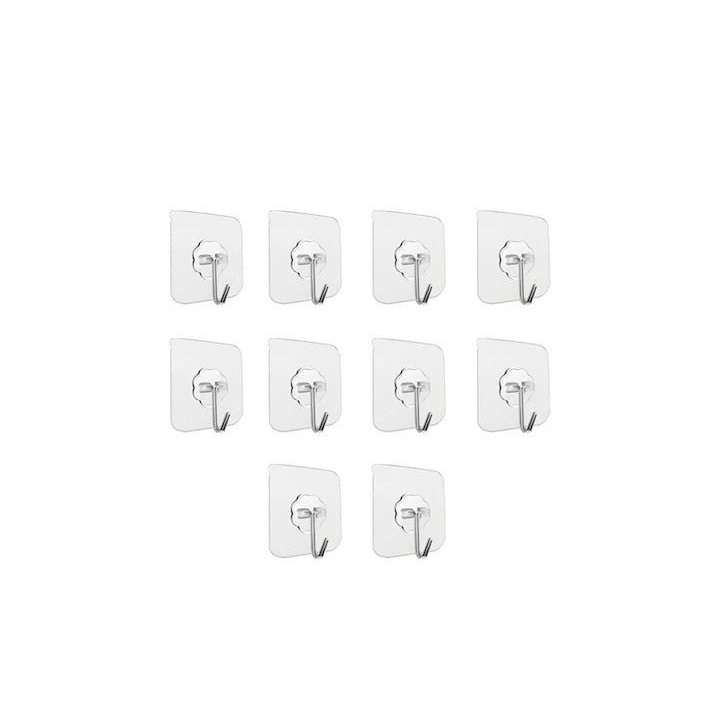 Set 10 carlige adezive transparente, rezistente, multifunctionale, plastic, metal