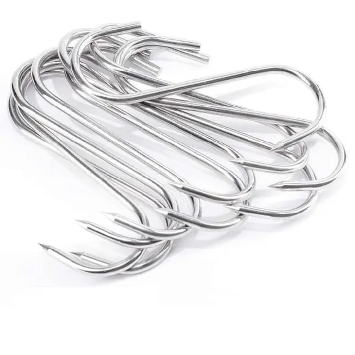 Set 10 carlige inox pentru suspendare carne, argintii 14.5 cm, grosime 2.8 mm, model S reutilizabil cu capat ascutit, pentru afumare, uscare si macelarie [3]