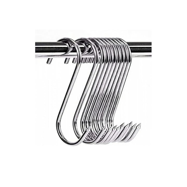 Set 10 carlige pentru afumatoare, argintii 14 cm, grosime 2.8 mm, inox rezistent forma S cu capat ascutit, pentru carne, uscare, maturare si macelarie [5]