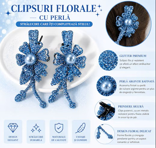 Set 10 cleme de par bleu 5 x 2 cm, model floral metalizat, accesorii chic pentru par, prindere sigura pentru coafuri [4]