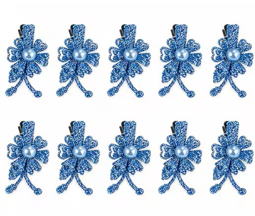Set 10 cleme de par bleu 5 x 2 cm, model floral metalizat, accesorii chic pentru par, prindere sigura pentru coafuri [2]
