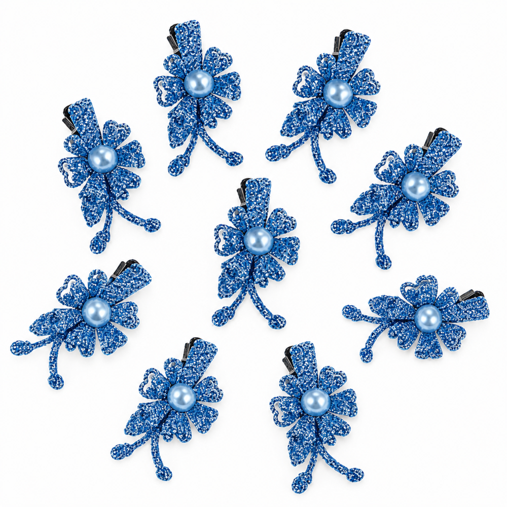Set 10 cleme de par bleu 5 x 2 cm, model floral metalizat, accesorii chic pentru par, prindere sigura pentru coafuri [3]