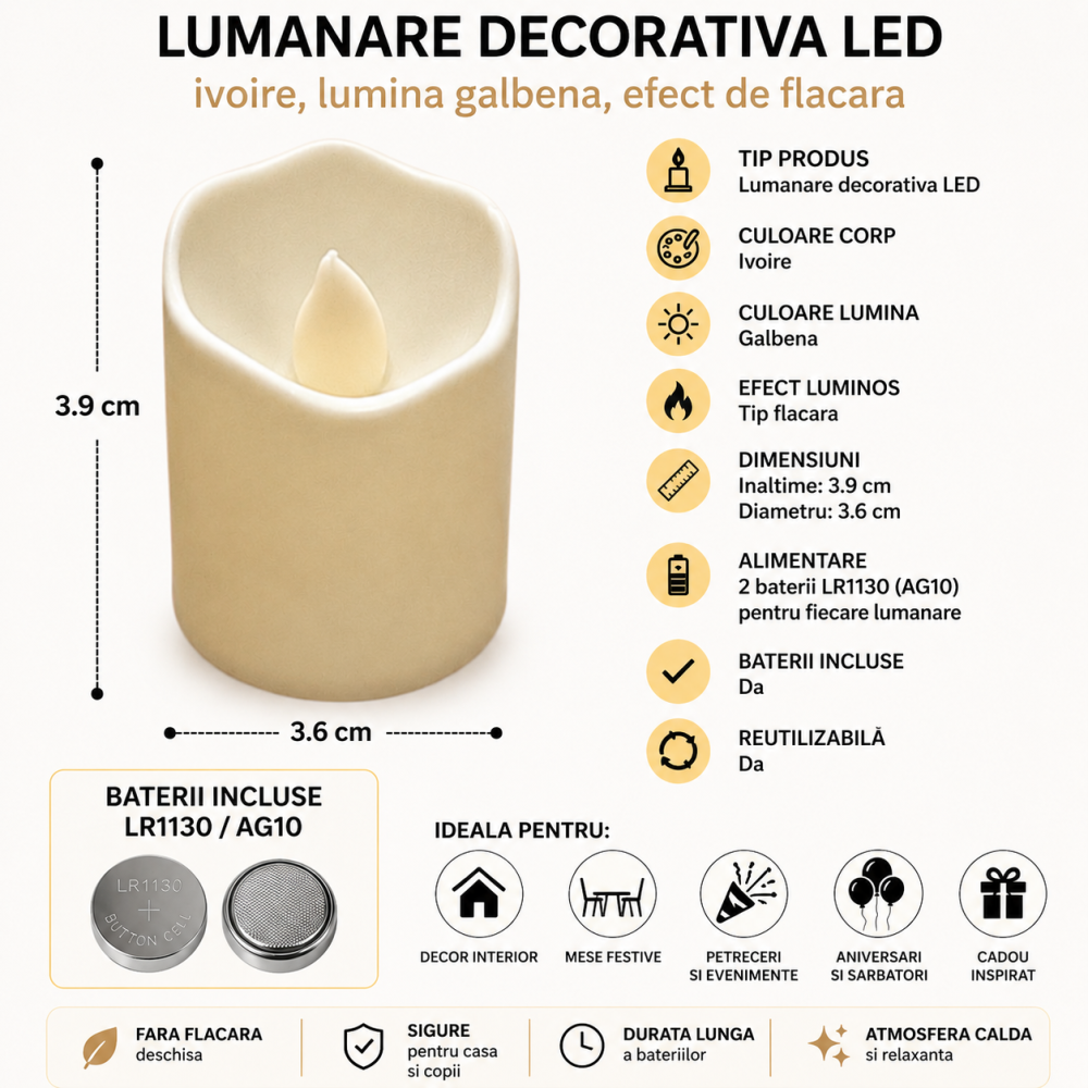 Set 10 lumanari decorative LED ivoire 3.9 x 3.6 cm, iluminare galbena tip flacara, 20 baterii LR1130 AG10 incluse, pentru decor interior, aniversari si mese festive [2]