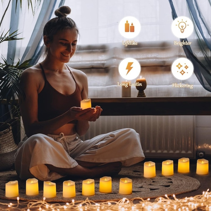 Set 10 lumanari decorative LED ivoire 3.9 x 3.6 cm, iluminare galbena tip flacara, 20 baterii LR1130 AG10 incluse, pentru decor interior, aniversari si mese festive [10]