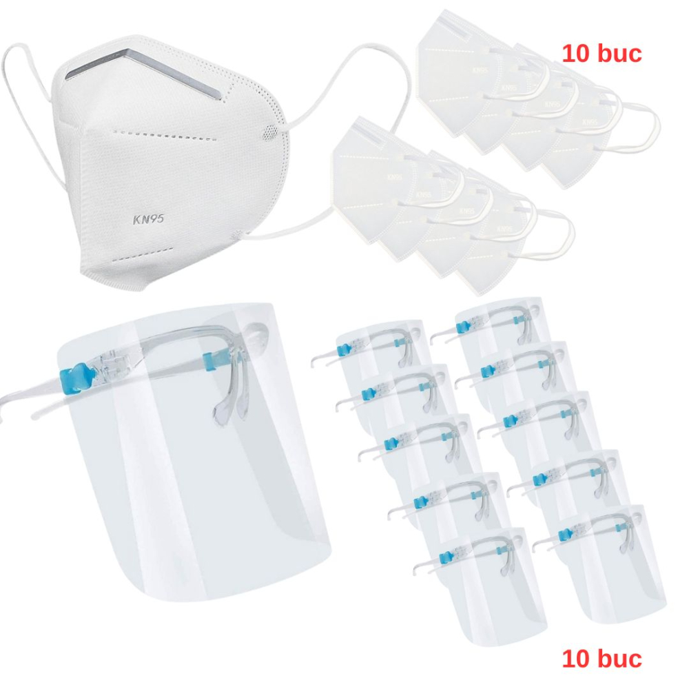 Set 10 masti de protectie KN95 si 10 viziere reutilizabile cu rama tip ochelari, pentru adulti, protectie completa [23]