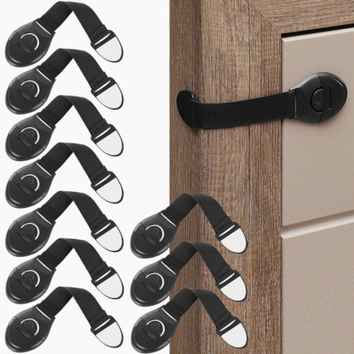 Set 10 sisteme de siguranta flexibile pentru bebelusi, blocare usi si sertare, lungime 20 cm - Negru [4]