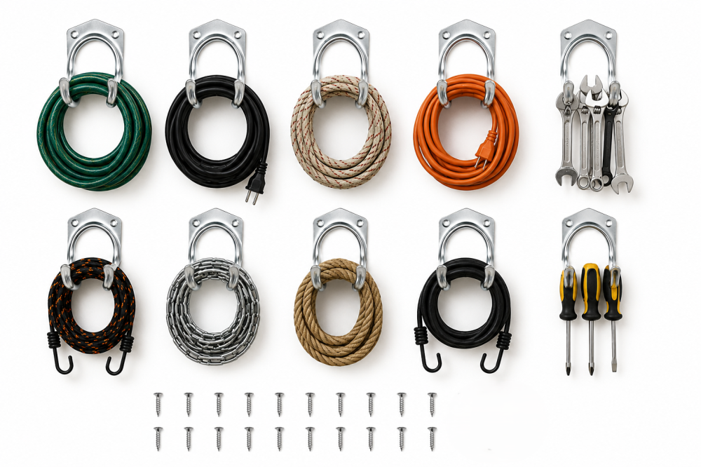 Set 10 suporturi pentru perete, organizare furtunuri, cabluri si unelte, otel galvanizat, 7 x 5,5 x 6,5 cm fiecare, argintiu, accesorii montaj incluse [3]