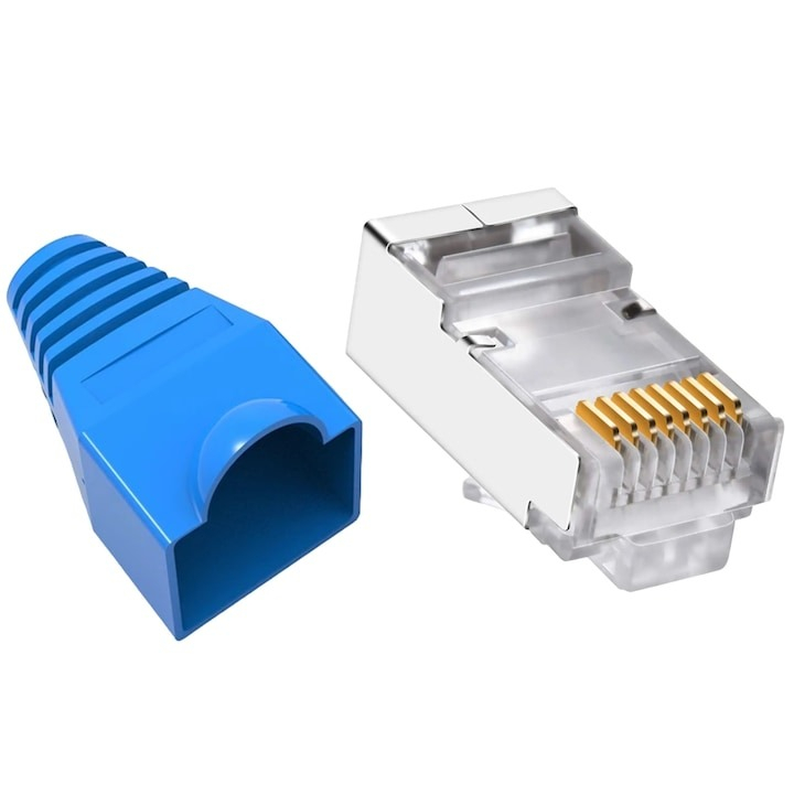 Set 10 x mufa ecranata + manson de protectie, RJ45, CAT5 CAT6, 8 pini 8P8C, albastru