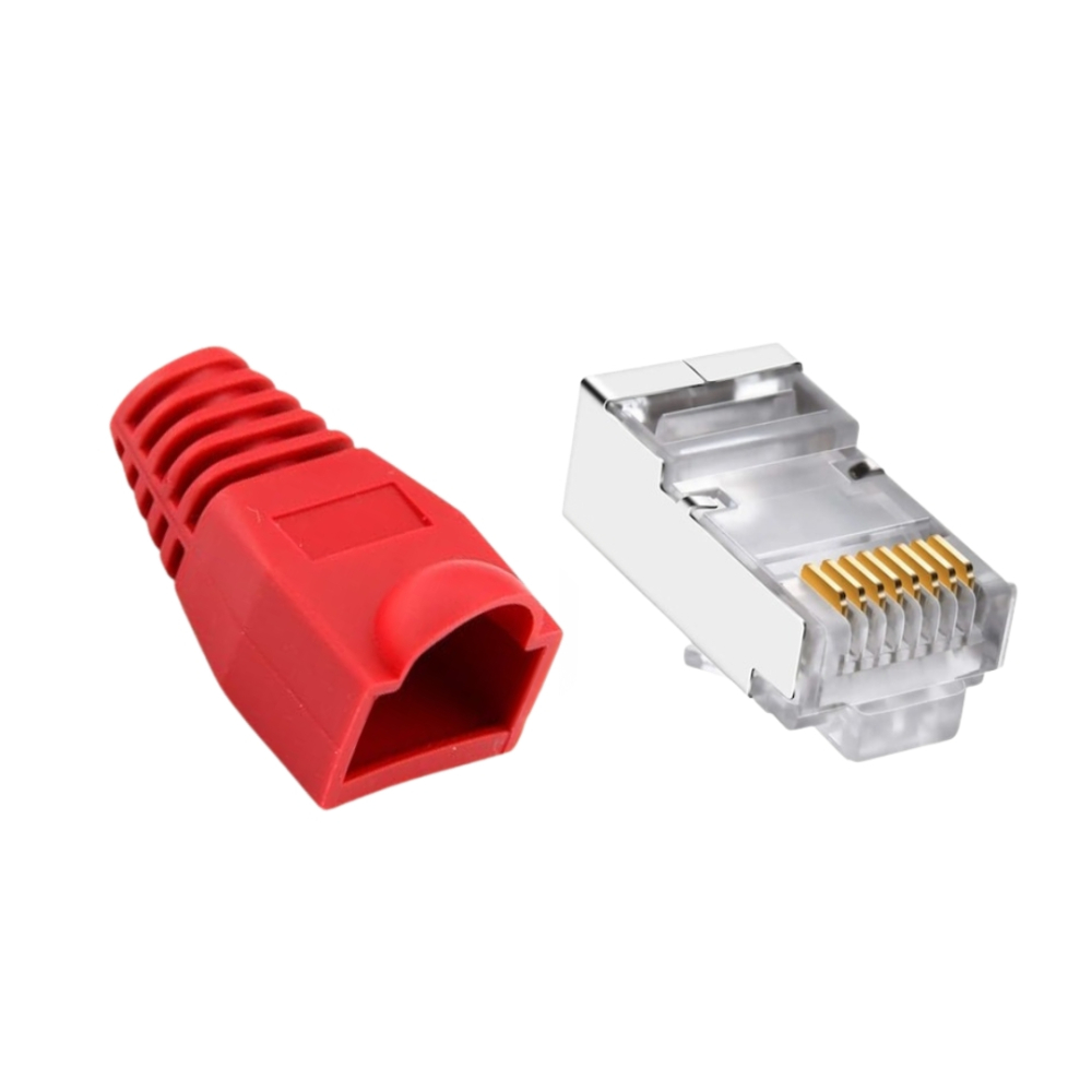Set 10 x mufa ecranata + manson de protectie, RJ45, CAT5 CAT6, 8 pini 8P8C, rosu