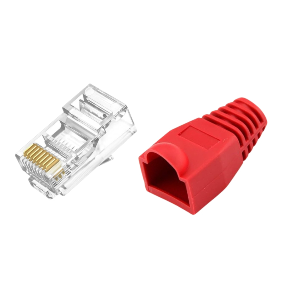 Set 10 x mufa + manson de protectie, RJ45, CAT5 CAT6, 8 pini 8P8C, rosu