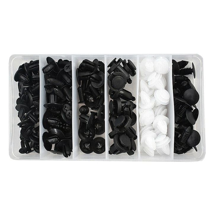 Set 100 clipsuri auto universale pentru fixare, din plastic rezistent, alb/negru, cu cutie compartimentata [5]