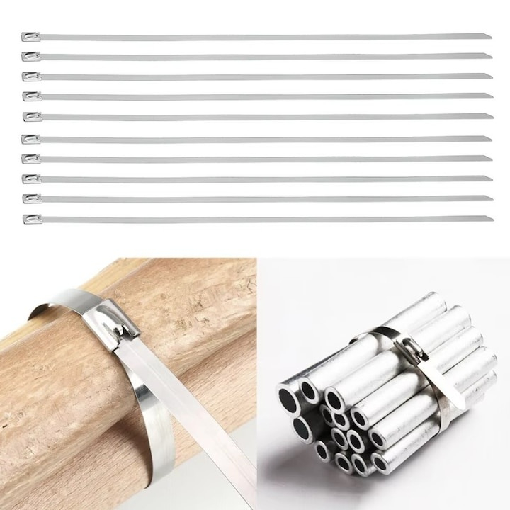 Set 100 coliere metalice inox 150 mm, bride autoblocante din otel inoxidabil pentru prinderea cablurilor, furtunurilor si tevilor, rezistente la rugina, uz profesional [3]
