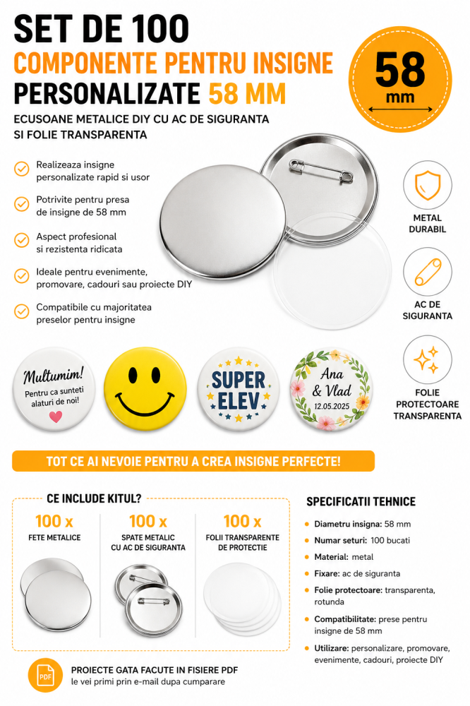 Set 100 componente pentru insigne personalizate 58 mm, blank-uri metalice cu ac de siguranta si folie transparenta, compatibile cu presa pentru ecusoane [2]
