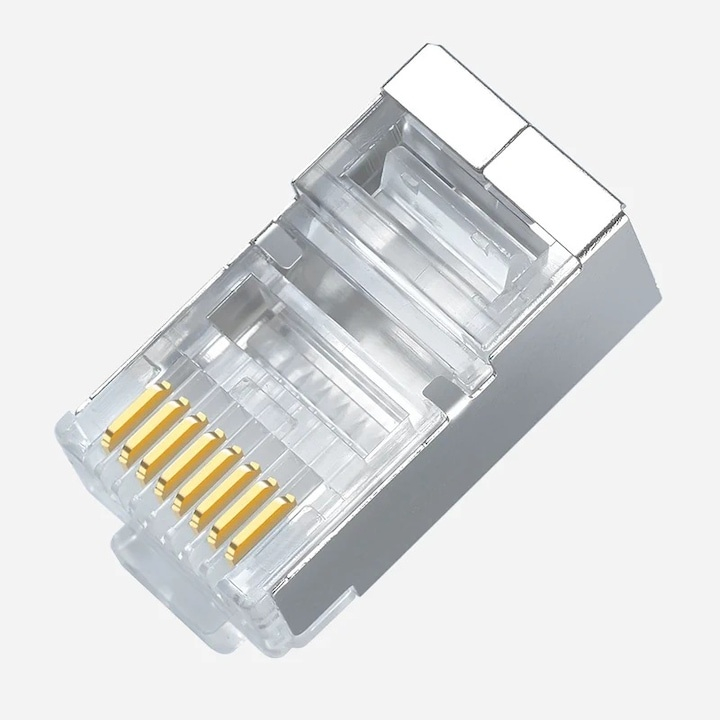 Set 100 conectori retea RJ45 ecranati Cat6e EZ pass through pentru cablu UTP sau FTP, pini placati cu aur, carcasa metal si plastic [3]