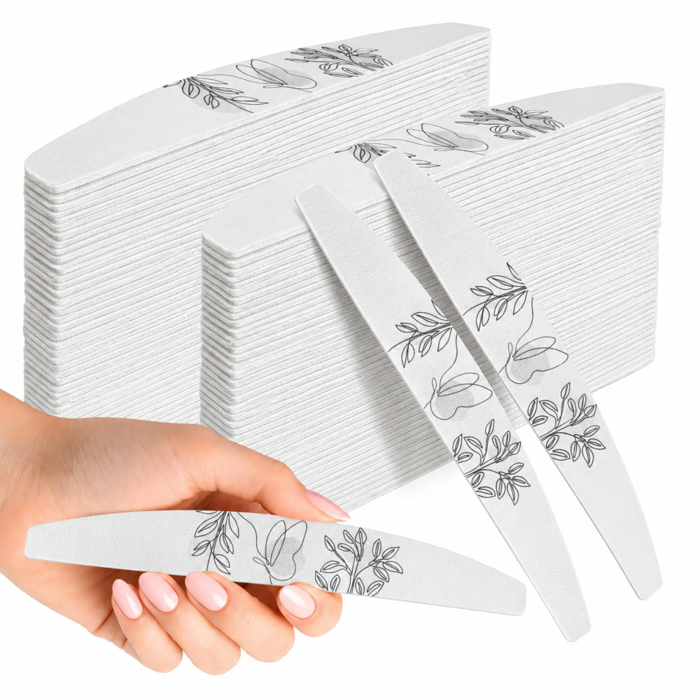 Set 100 pile unghii, albe 18 x 3 cm, granulatie 100/180, forma curbata, hartie abraziva cu spuma si miez de intarire, pentru manichiura si pedichiura [4]
