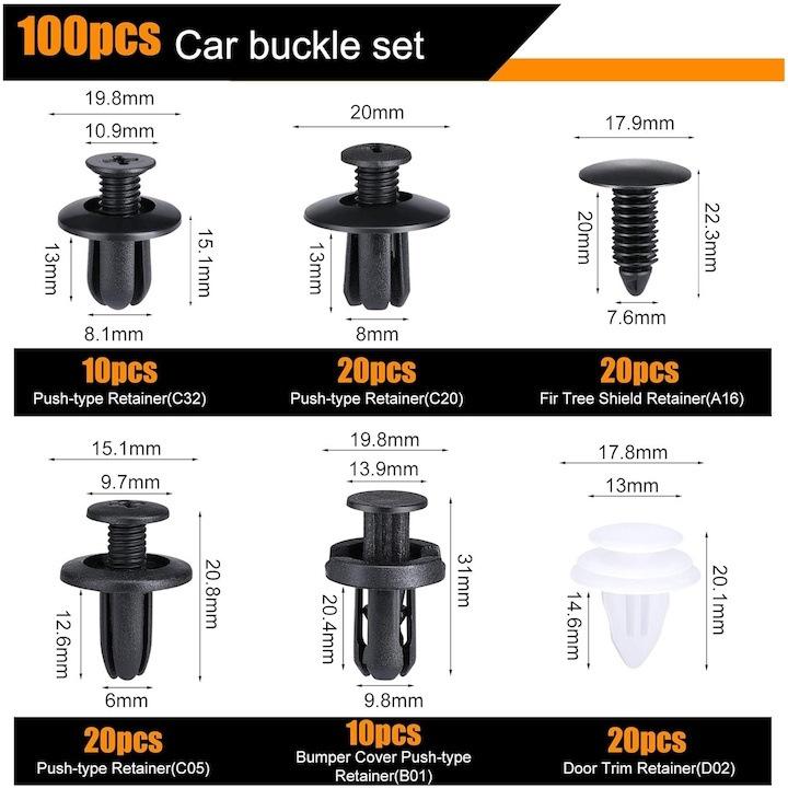 Set 105 piese cleme clipsuri universale pentru reconditionare auto, 6 dimensiuni, cu unelte de demontare, pentru caroserie, panouri si ornamente [2]