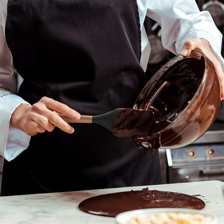 Set 11 ustensile de gatit din silicon, cu manere rezistente din lemn si suport de depozitare, rezistente la caldura, culoare neagra – kit complet pentru bucataria moderna [12]