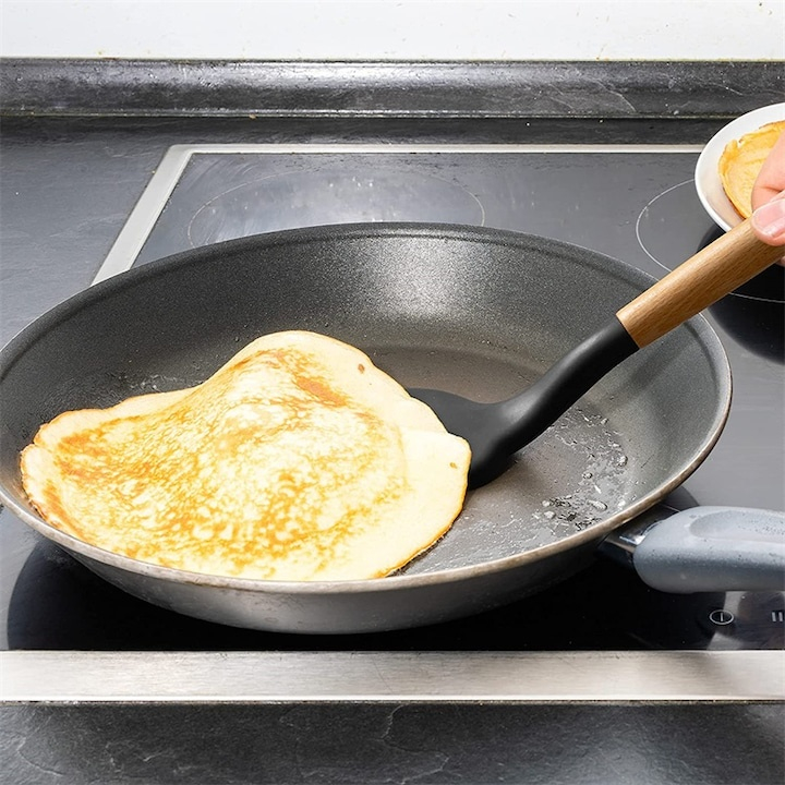 Set 11 ustensile de gatit din silicon, cu manere rezistente din lemn si suport de depozitare, rezistente la caldura, culoare neagra – kit complet pentru bucataria moderna [11]