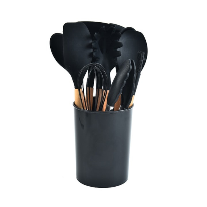 Set 11 ustensile de gatit din silicon, cu manere rezistente din lemn si suport de depozitare, rezistente la caldura, culoare neagra – kit complet pentru bucataria moderna [4]