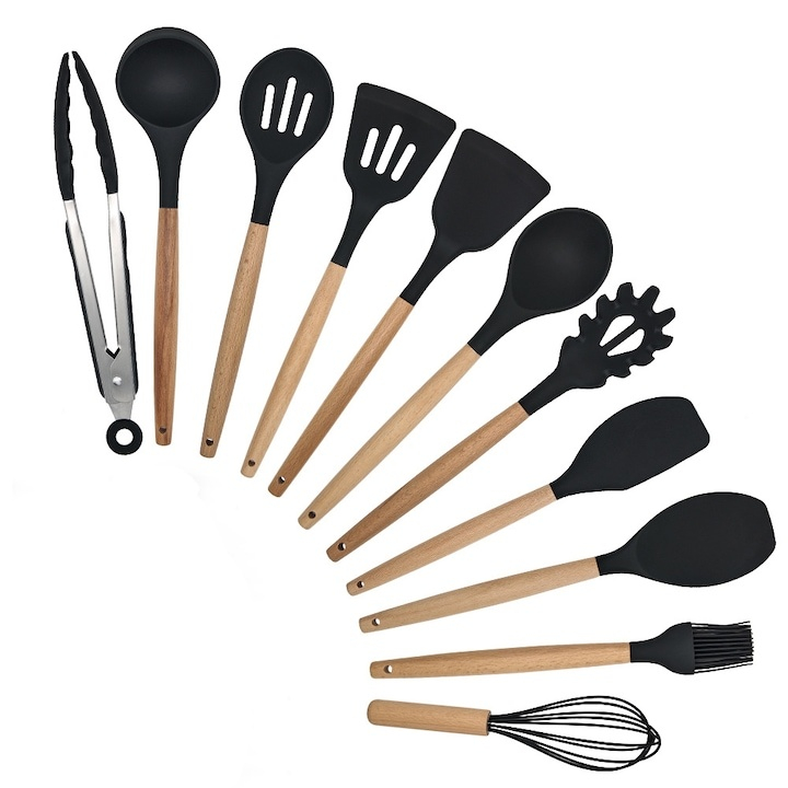 Set 11 ustensile de gatit din silicon, cu manere rezistente din lemn si suport de depozitare, rezistente la caldura, culoare neagra – kit complet pentru bucataria moderna [2]