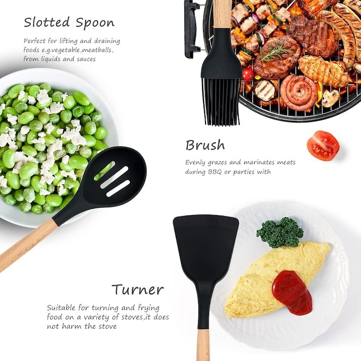 Set 11 ustensile de gatit din silicon, cu manere rezistente din lemn si suport de depozitare, rezistente la caldura, culoare neagra – kit complet pentru bucataria moderna [18]