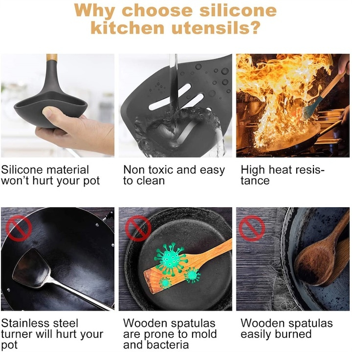 Set 11 ustensile de gatit din silicon, cu manere rezistente din lemn si suport de depozitare, rezistente la caldura, culoare neagra – kit complet pentru bucataria moderna [8]