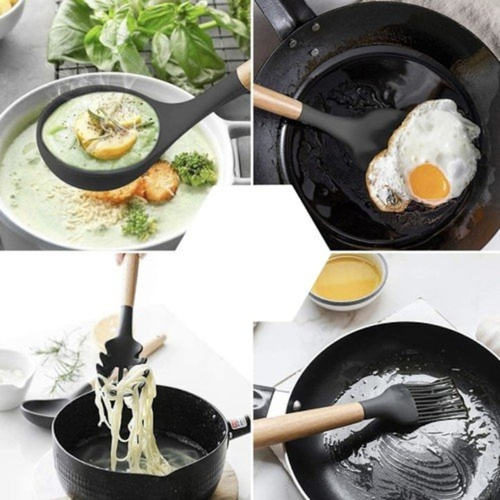 Set 11 ustensile de gatit din silicon, cu manere rezistente din lemn si suport de depozitare, rezistente la caldura, culoare neagra – kit complet pentru bucataria moderna [20]